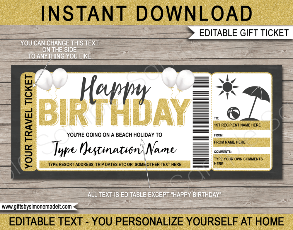 Birthday Beach Trip Ticket Template | Surprise Holiday Vacation Reveal Gift Idea | DIY Printable with Editable Text | INSTANT DOWNLOAD via giftsbysimonemadeit.com