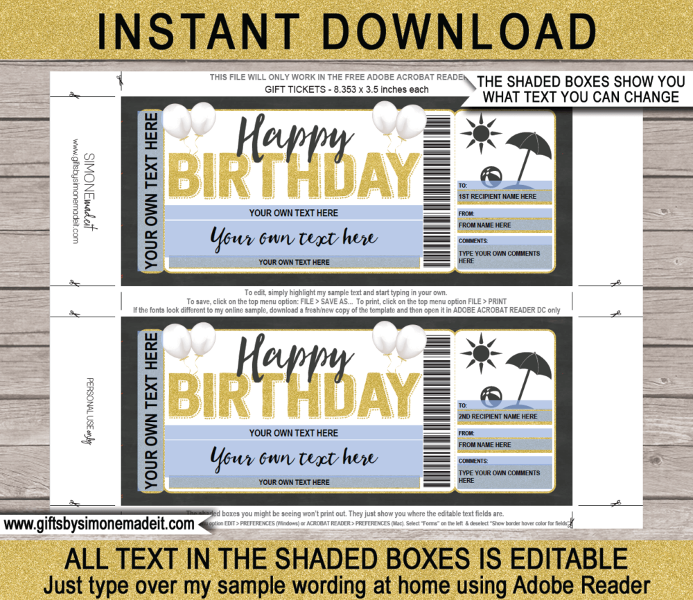 Birthday Beach Trip Ticket Template | Surprise Holiday Vacation Reveal Gift Idea | DIY Template with Editable Text | INSTANT DOWNLOAD via giftsbysimonemadeit.com