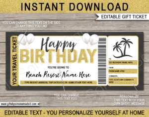 Birthday Tropical Vacation Ticket Template | Surprise Holiday Trip Reveal Gift Idea | DIY Printable with Editable Text | INSTANT DOWNLOAD via giftsbysimonemadeit.com