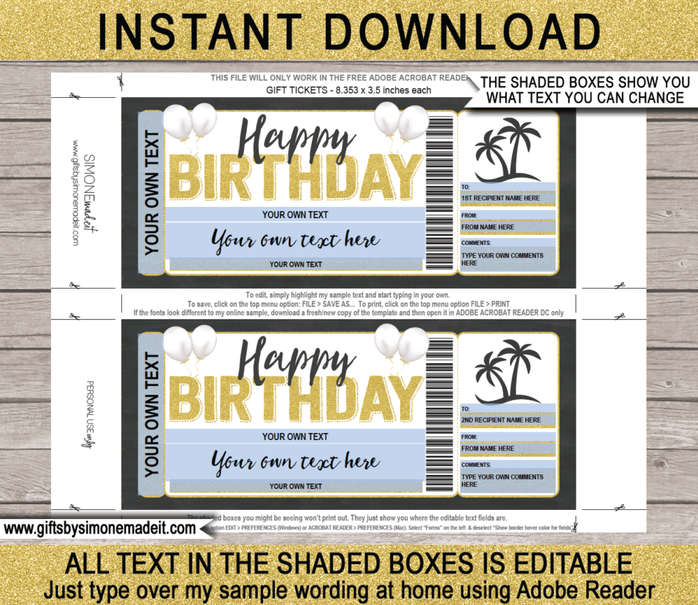 Birthday Tropical Vacation Ticket Template | Surprise Holiday Trip Reveal Gift Idea | DIY Template with Editable Text | INSTANT DOWNLOAD via giftsbysimonemadeit.com