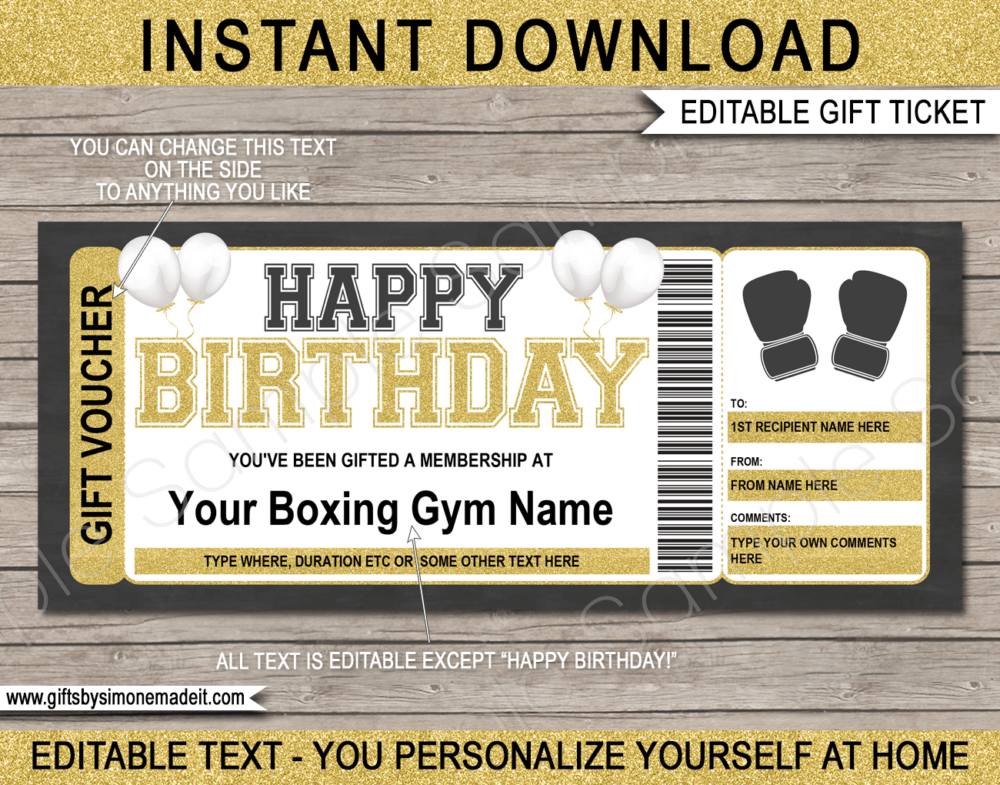 Birthday Boxing Membership Gift Voucher Template | Gift Ideas | DIY Printable Gift Certificate Voucher Card with Editable Text | NSTANT DOWNLOAD via giftsbysimonemadeit.com
