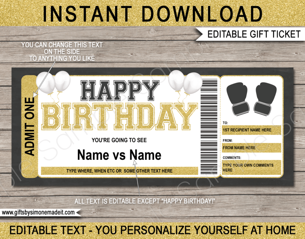 Birthday Boxing Ticket Template | Printable Fight Ticket Gift Ideas | DIY Printable Gift Certificate Voucher Card with Editable Text | NSTANT DOWNLOAD via giftsbysimonemadeit.com