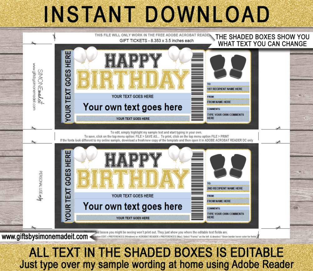 Birthday Boxing Ticket Template | Printable Fight Ticket Gift Ideas | DIY Printable Gift Certificate Voucher Card with Editable Text | NSTANT DOWNLOAD via giftsbysimonemadeit.com