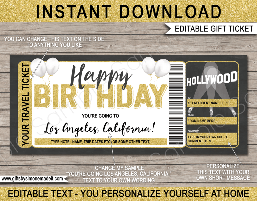Birthday California Trip Ticket Template | Surprise LA Los Angeles Hollywood Vacation Reveal Gift Idea | DIY Printable with Editable Text | INSTANT DOWNLOAD via giftsbysimonemadeit.com