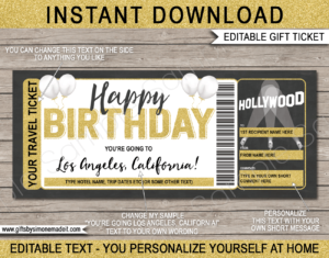 Birthday California Trip Ticket Template | Surprise LA Los Angeles Hollywood Vacation Reveal Gift Idea | DIY Printable with Editable Text | INSTANT DOWNLOAD via giftsbysimonemadeit.com