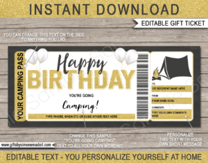 Birthday Camping Trip Ticket Template | Surprise Holiday Vacation Reveal Gift Idea | Camp Tent | DIY Printable with Editable Text | INSTANT DOWNLOAD via giftsbysimonemadeit.com