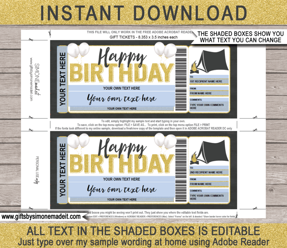 Birthday Camping Trip Ticket Template | Surprise Holiday Vacation Reveal Gift Idea | Camp Tent | DIY Template with Editable Text | INSTANT DOWNLOAD via giftsbysimonemadeit.com