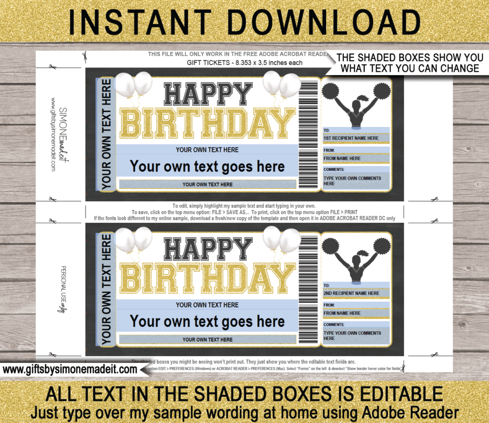 Birthday Cheer Camp Ticket Template | Gift Ideas | DIY Printable Gift Certificate Voucher Card with Editable Text | NSTANT DOWNLOAD via giftsbysimonemadeit.com