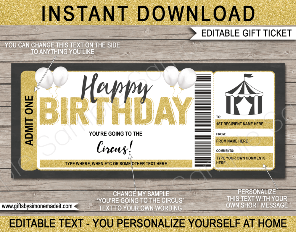 Birthday Circus Ticket Template | Printable Amusement Park Gift Voucher, Certificate, Card with Editable Text | Big Top Carnival | INSTANT DOWNLOAD via giftsbysimonemadeit.com