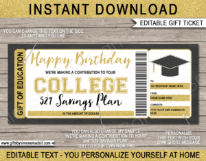 529 Savings Plan Gift Certificate Template | College Fund Donation Card | Gift of Education Tuition | DIY Printable with Editable Text | INSTANT DOWNLOAD via giftsbysimonemadeit.com