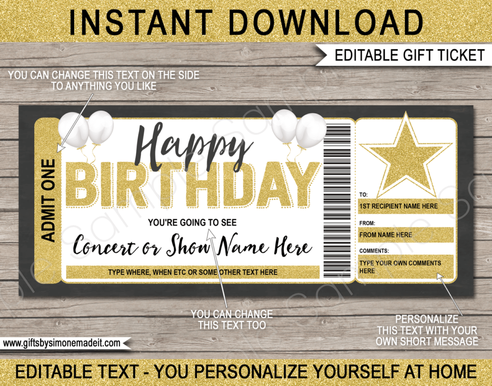 Birthday Concert Ticket Gift Template | Surprise Tickets to a Concert, Show, Performance, Band, Artist, Music Festival, Movie | Editable & Printable DIY Voucher | Last Minute Gift | Instant Download via giftsbysimonemadeit.com