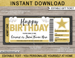 Birthday Concert Ticket Gift Template | Surprise Tickets to a Concert, Show, Performance, Band, Artist, Music Festival, Movie | Editable & Printable DIY Voucher | Last Minute Gift | Instant Download via giftsbysimonemadeit.com