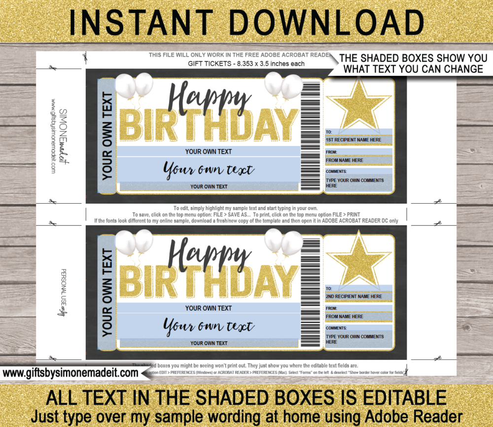 Birthday Concert Ticket Gift Template | Surprise Tickets to a Concert, Show, Performance, Band, Artist, Music Festival, Movie | Editable & Printable DIY Voucher | Last Minute Gift | Instant Download via giftsbysimonemadeit.com