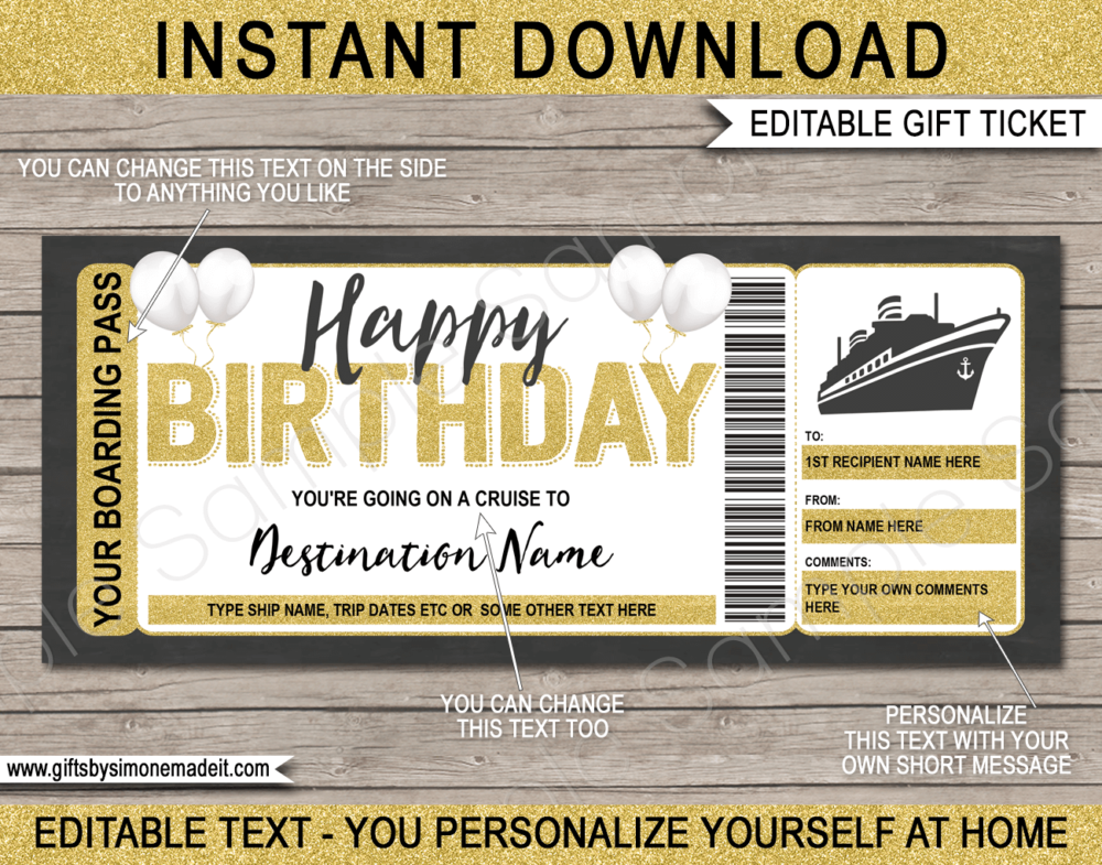 Birthday Cruise Boarding Pass Template | Printable Cruise Ticket Gift | Surprise Trip Reveal Gift Idea | DIY with Editable Text | Last Minute | Instant Download via giftsbysimonemadeit.com