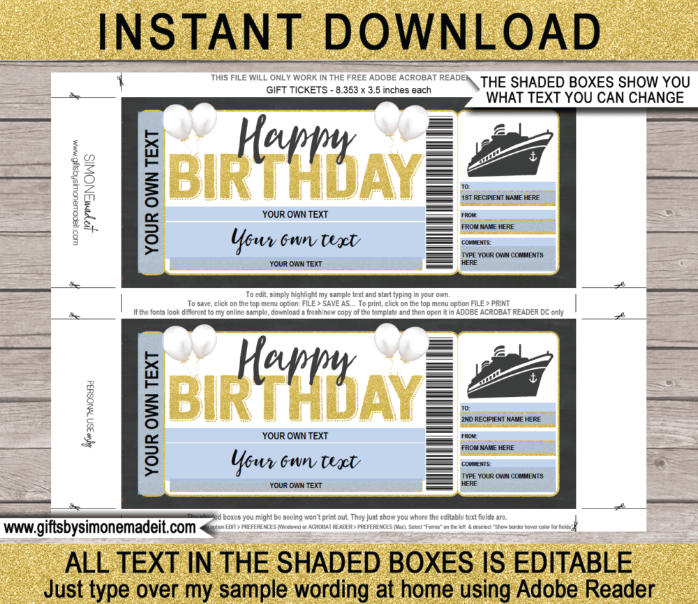 Birthday Cruise Boarding Pass Template | Printable Cruise Ticket Gift | Surprise Trip Reveal Gift Idea | DIY with Editable Text | Last Minute | Instant Download via giftsbysimonemadeit.com