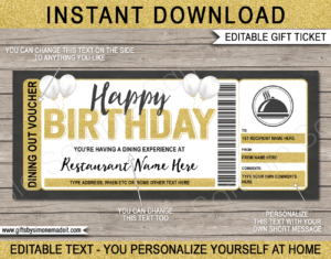 Birthday Meal Voucher Template | Restaurant Dinner Gift Certificate Ticket | DIY Printable with Editable Text | Night Out, Dining, Food, Meal Delivery Card Ticket | INSTANT DOWNLOAD via giftsbysimonemadeit.com