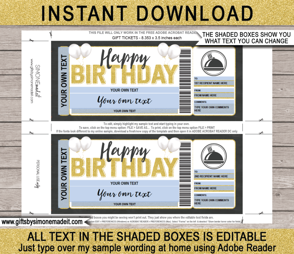 Birthday Meal Voucher Template | Restaurant Dinner Gift Certificate Ticket | DIY Printable with Editable Text | Night Out, Dining, Food, Meal Delivery Card Ticket | INSTANT DOWNLOAD via giftsbysimonemadeit.com