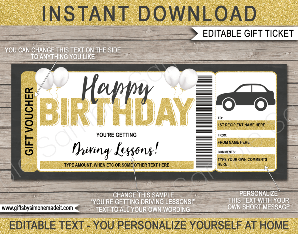 Birthday Driving Lessons Gift Voucher Template | Drivers Ed for Teen, Teenager Card Certificate | DIY Printable with Editable Text | INSTANT DOWNLOAD via giftsbysimonemadeit.com