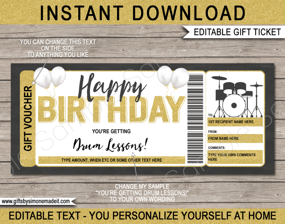Birthday Drum Lessons Gift Voucher Template | Printable Music Drumming Gift Certificate Card | DIY Printable with Editable Text | INSTANT DOWNLOAD via giftsbysimonemadeit.com