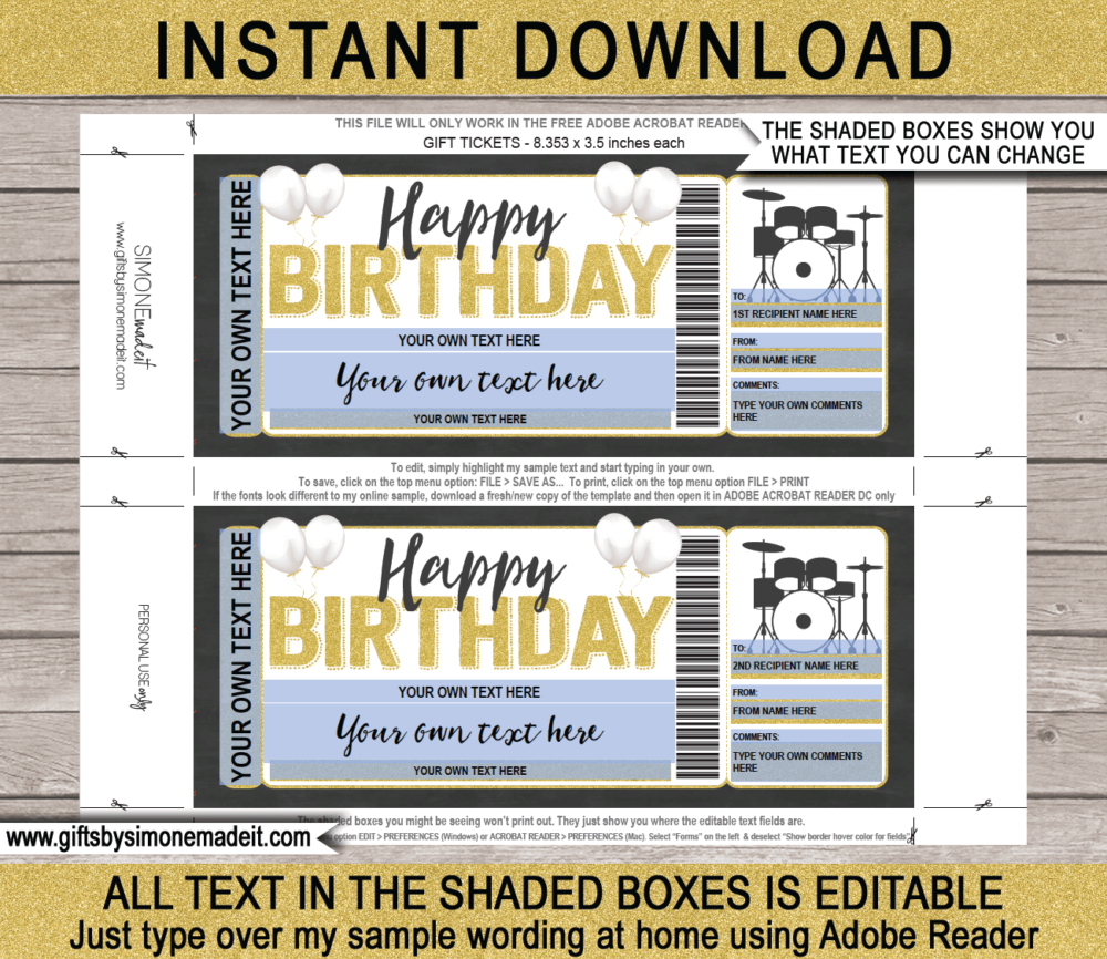 Birthday Drum Lessons Gift Voucher Template | Printable Music Drumming Gift Certificate Card | DIY Printable with Editable Text | INSTANT DOWNLOAD via giftsbysimonemadeit.com