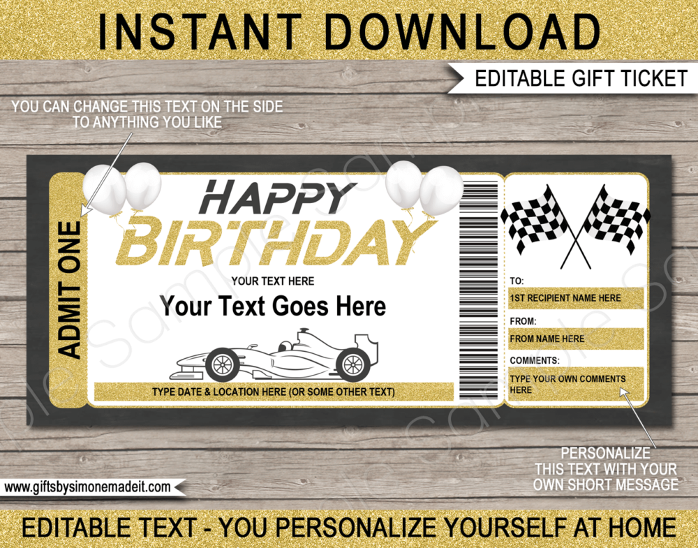 Birthday Formula 1 Ticket template | Grand Prix | Indy 500 | Car Race | Car Driving Experience | Go Karting | DIY Printable with Editable Text | INSTANT DOWNLOAD via giftsbysimonemadeit.com