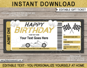 Birthday Formula 1 Ticket template | Grand Prix | Indy 500 | Car Race | Car Driving Experience | Go Karting | DIY Printable with Editable Text | INSTANT DOWNLOAD via giftsbysimonemadeit.com