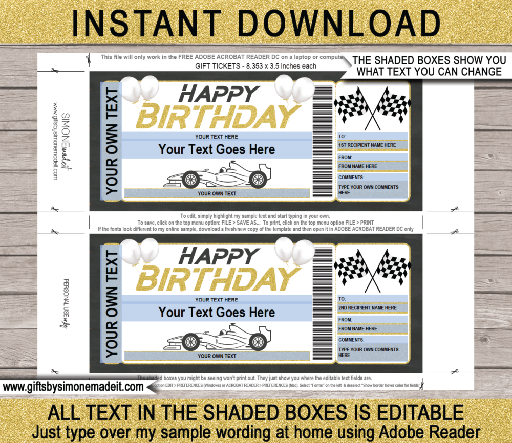 Birthday Formula 1 Ticket template | Grand Prix | Indy 500 | Car Race | Car Driving Experience | Go Karting | DIY Printable with Editable Text | INSTANT DOWNLOAD via giftsbysimonemadeit.com