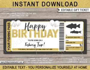 Birthday Fishing Trip Ticket Template | Surprise Fishing Trip Reveal Gift Idea | Card Voucher Certificate | Fake Faux Pretend Ticket | DIY Editable & Printable Template | Instant Download via giftsbysimonemadeit.com