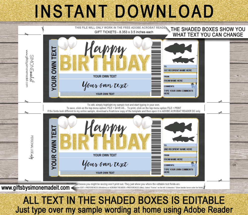 Birthday Fishing Trip Ticket Template | Surprise Fishing Trip Reveal Gift Idea | Card Voucher Certificate | Fake Faux Pretend Ticket | DIY Editable & Printable Template | Instant Download via giftsbysimonemadeit.com