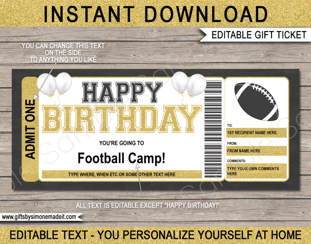 Birthday Football Camp Ticket Template | Gift Ideas | DIY Printable Gift Certificate Voucher Card with Editable Text | NSTANT DOWNLOAD via giftsbysimonemadeit.com