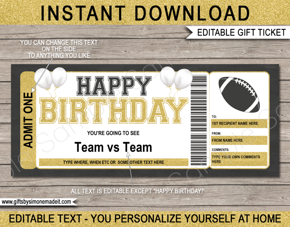 Birthday Football Ticket Template | Printable Game Ticket Gift Ideas | DIY Printable Gift Certificate Voucher Card with Editable Text | NSTANT DOWNLOAD via giftsbysimonemadeit.com