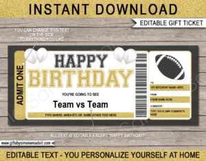 Birthday Football Ticket Template | Printable Game Ticket Gift Ideas | DIY Printable Gift Certificate Voucher Card with Editable Text | NSTANT DOWNLOAD via giftsbysimonemadeit.com