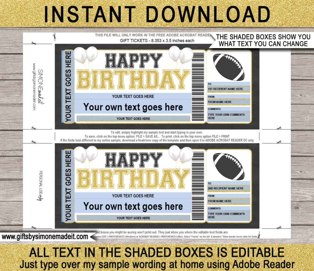 Birthday Football Ticket Template | Printable Game Ticket Gift Ideas | DIY Printable Gift Certificate Voucher Card with Editable Text | NSTANT DOWNLOAD via giftsbysimonemadeit.com