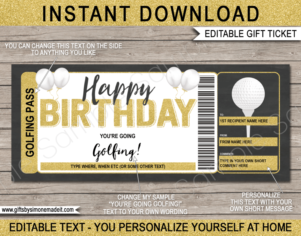 Birthday Golfing Trip Ticket Template | Surprise Golf Trip Reveal Gift Idea | Card Voucher Certificate | Fake Faux Pretend Ticket | DIY Editable & Printable Template | Instant Download via giftsbysimonemadeit.com