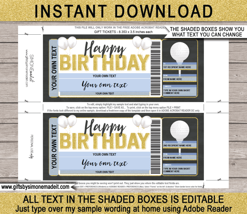 Birthday Golfing Trip Ticket Template | Surprise Golf Trip Reveal Gift Idea | Card Voucher Certificate | Fake Faux Pretend Ticket | DIY Editable & Printable Template | Instant Download via giftsbysimonemadeit.com