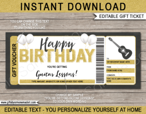 Birthday Guitar Lessons Gift Voucher Template | Printable Guitarist Gift Certificate Card | DIY Printable with Editable Text | INSTANT DOWNLOAD via giftsbysimonemadeit.com
