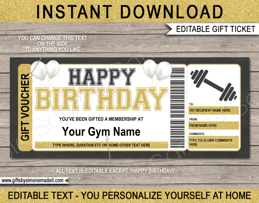 Birthday Gym Membership Gift Voucher Template | Weight Training Gift Ideas | DIY Printable Gift Certificate Voucher Card with Editable Text | NSTANT DOWNLOAD via giftsbysimonemadeit.com