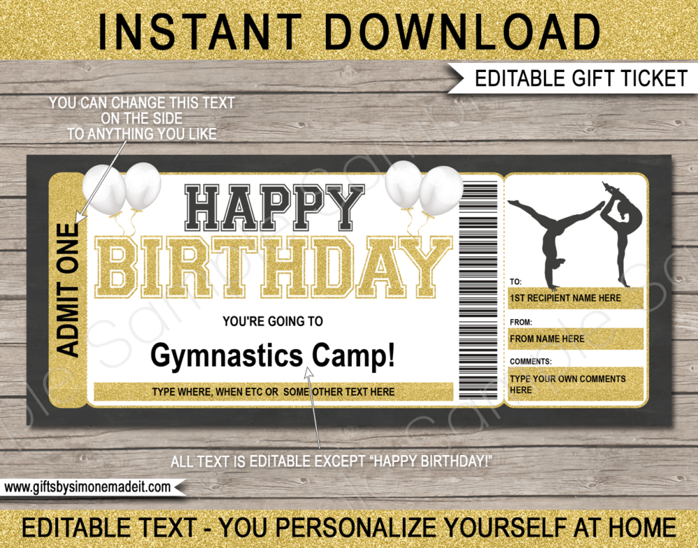 Birthday Gymnastics Camp Ticket Template | Gift Ideas | DIY Printable Gift Certificate Voucher Card with Editable Text | NSTANT DOWNLOAD via giftsbysimonemadeit.com