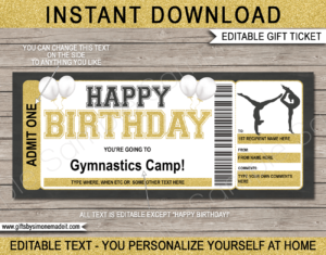 Birthday Gymnastics Camp Ticket Template | Gift Ideas | DIY Printable Gift Certificate Voucher Card with Editable Text | NSTANT DOWNLOAD via giftsbysimonemadeit.com