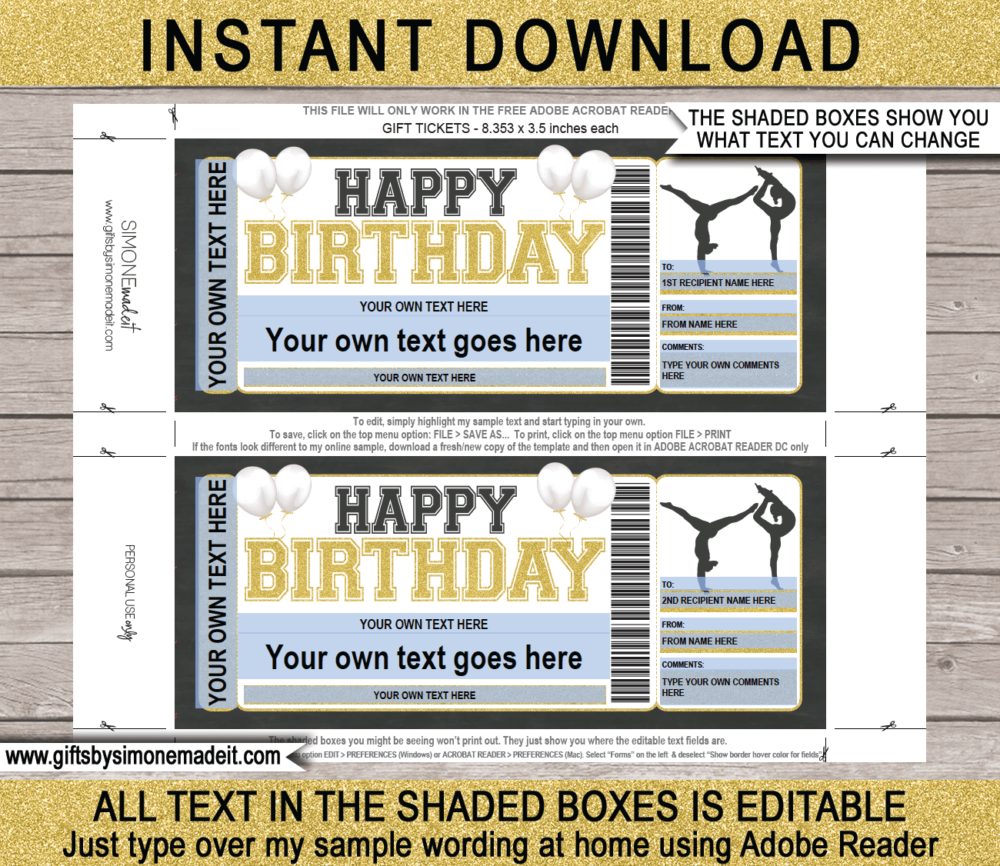 Birthday Gymnastics Camp Ticket Template | Gift Ideas | DIY Printable Gift Certificate Voucher Card with Editable Text | NSTANT DOWNLOAD via giftsbysimonemadeit.com