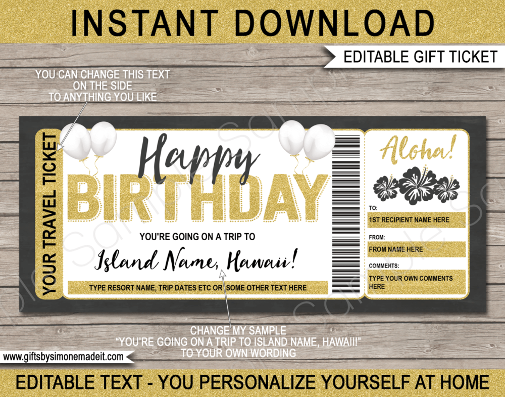 Birthday Hawaii Trip Ticket Template | Surprise Hawaii Vacation Reveal Gift Idea | Travel Ticket | DIY Printable with Editable Text | INSTANT DOWNLOAD via giftsbysimonemadeit.com