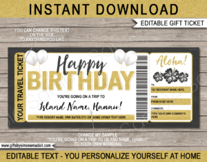 Birthday Hawaii Trip Ticket Template | Surprise Hawaii Vacation Reveal Gift Idea | Travel Ticket | DIY Printable with Editable Text | INSTANT DOWNLOAD via giftsbysimonemadeit.com