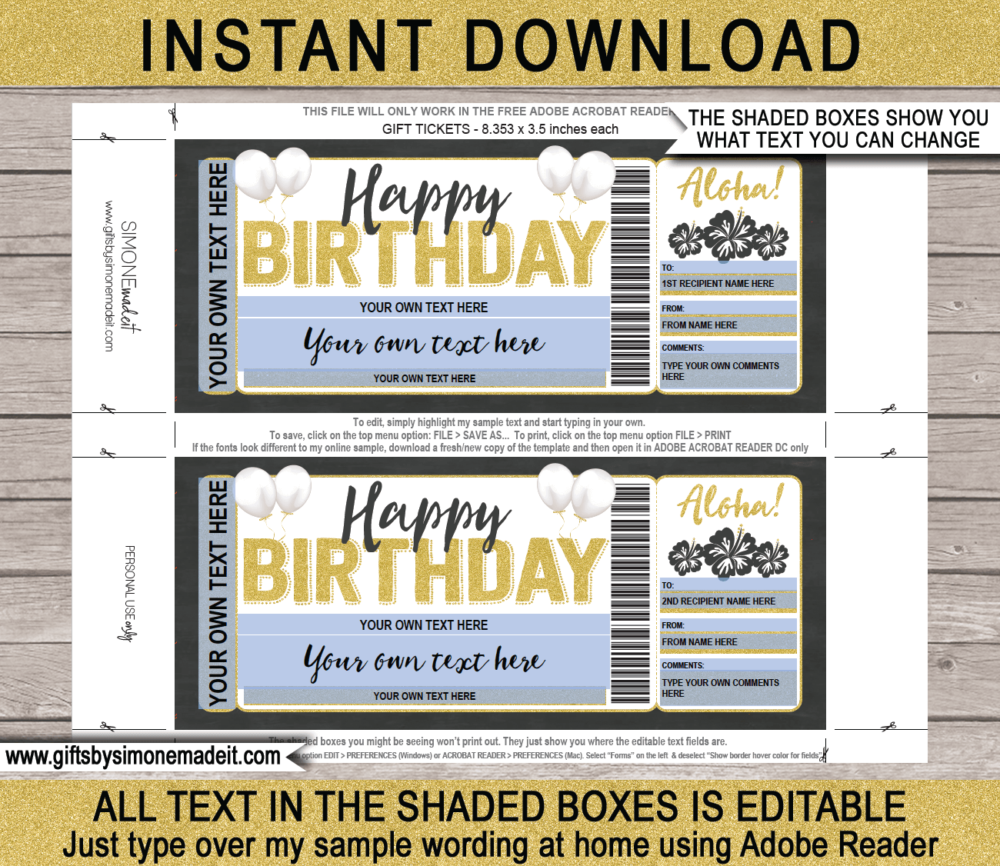 Birthday Hawaii Trip Ticket Template | Surprise Hawaii Vacation Reveal Gift Idea | Travel Ticket | DIY Printable with Editable Text | INSTANT DOWNLOAD via giftsbysimonemadeit.com