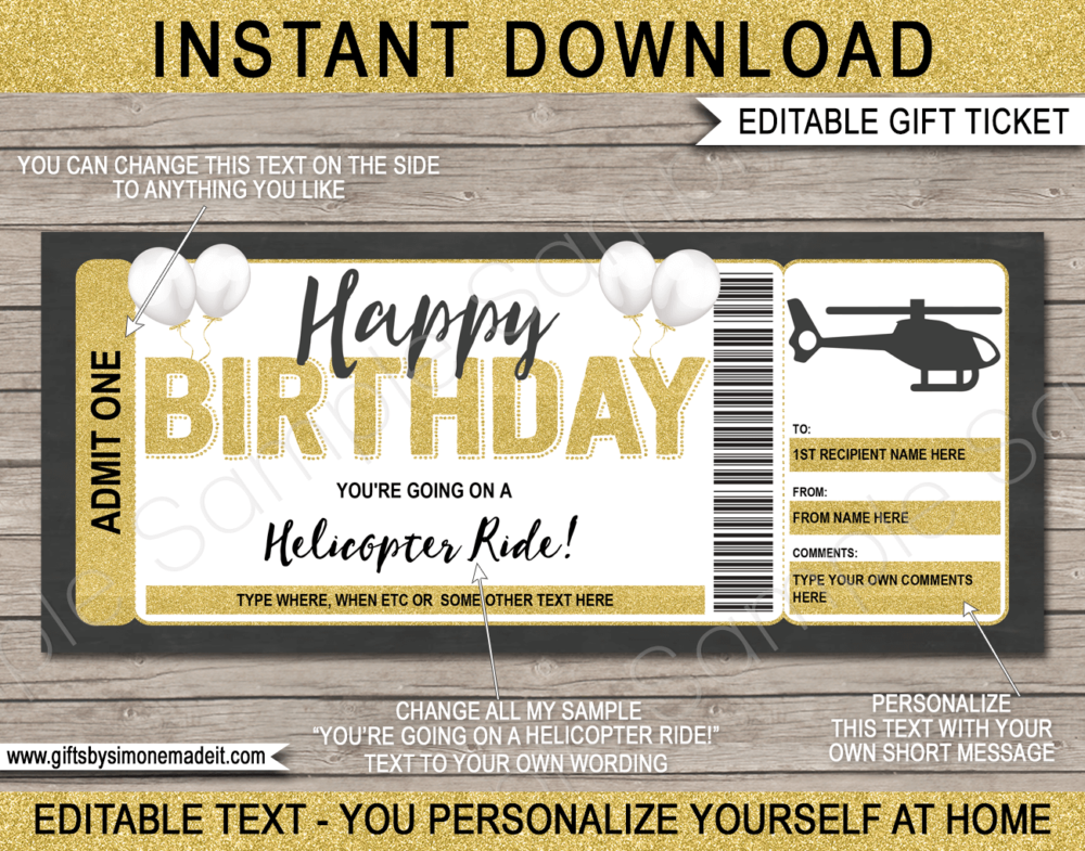 Birthday Helicopter Ride Ticket Template | Printable Ticket to Ride Gift Idea | Voucher Certificate Card | DIY with Editable Text | INSTANT DOWNLOAD via www.giftsbysimonemadeit.com