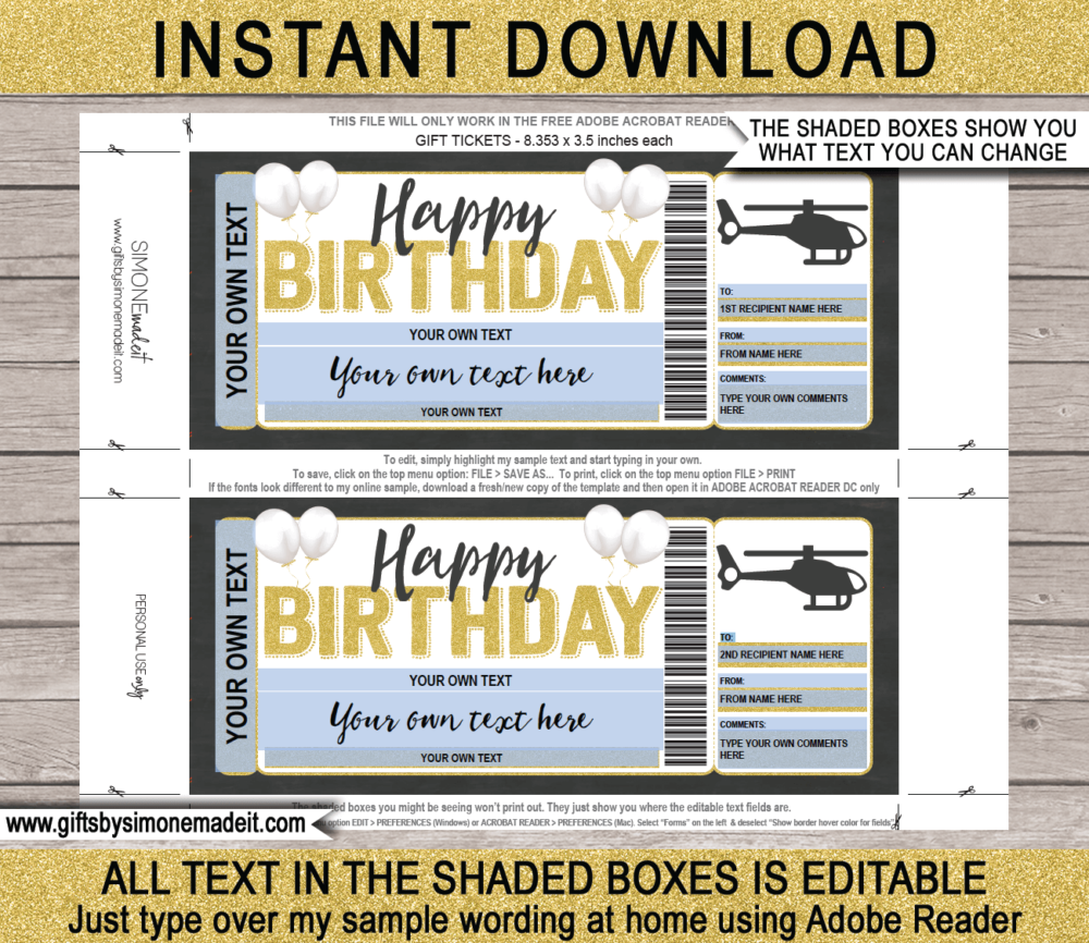 Birthday Helicopter Ride Ticket Template | Printable Ticket to Ride Gift Idea | Voucher Certificate Card | DIY with Editable Text | INSTANT DOWNLOAD via www.giftsbysimonemadeit.com