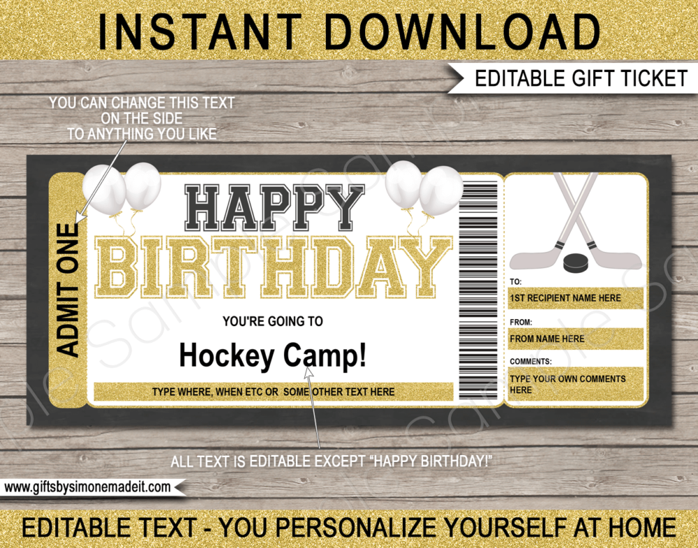 Birthday Hockey Camp Ticket Template | Gift Ideas | DIY Printable Gift Certificate Voucher Card with Editable Text | NSTANT DOWNLOAD via giftsbysimonemadeit.com