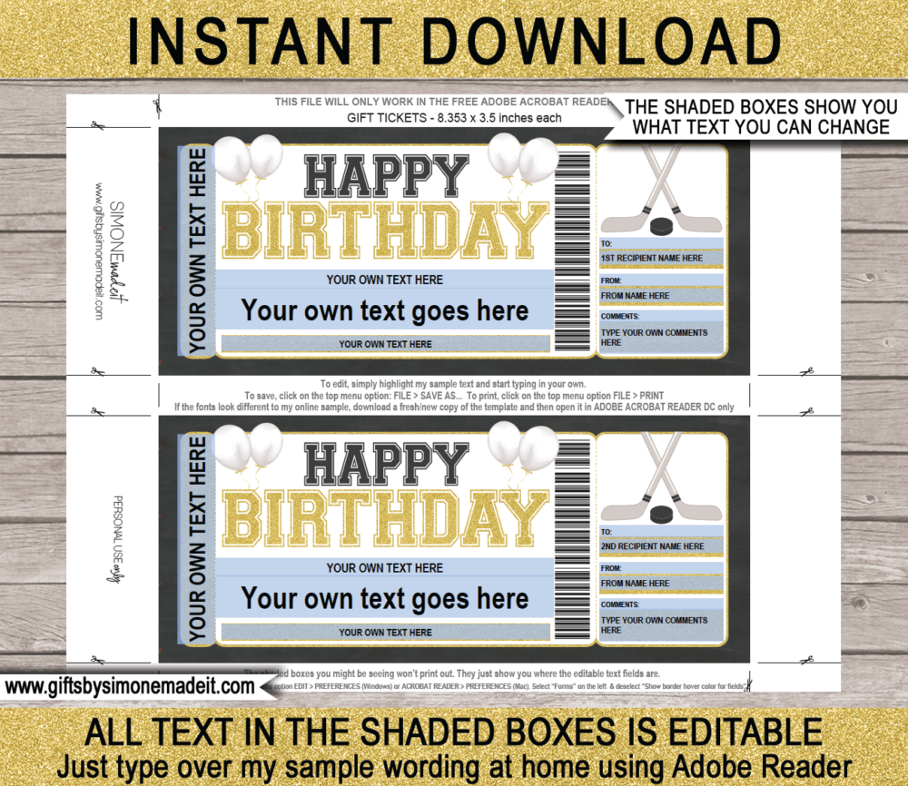 Birthday Hockey Ticket Template | Printable Game Ticket Gift Ideas | DIY Printable Gift Certificate Voucher Card with Editable Text | NSTANT DOWNLOAD via giftsbysimonemadeit.com