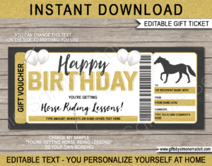 Birthday Horse Riding Voucher Template | Printable Lessons, Trail Rides, Horse Lease Gift Certificate Ticket Card ​| DIY Printable with Editable Text | INSTANT DOWNLOAD via giftsbysimonemadeit.com