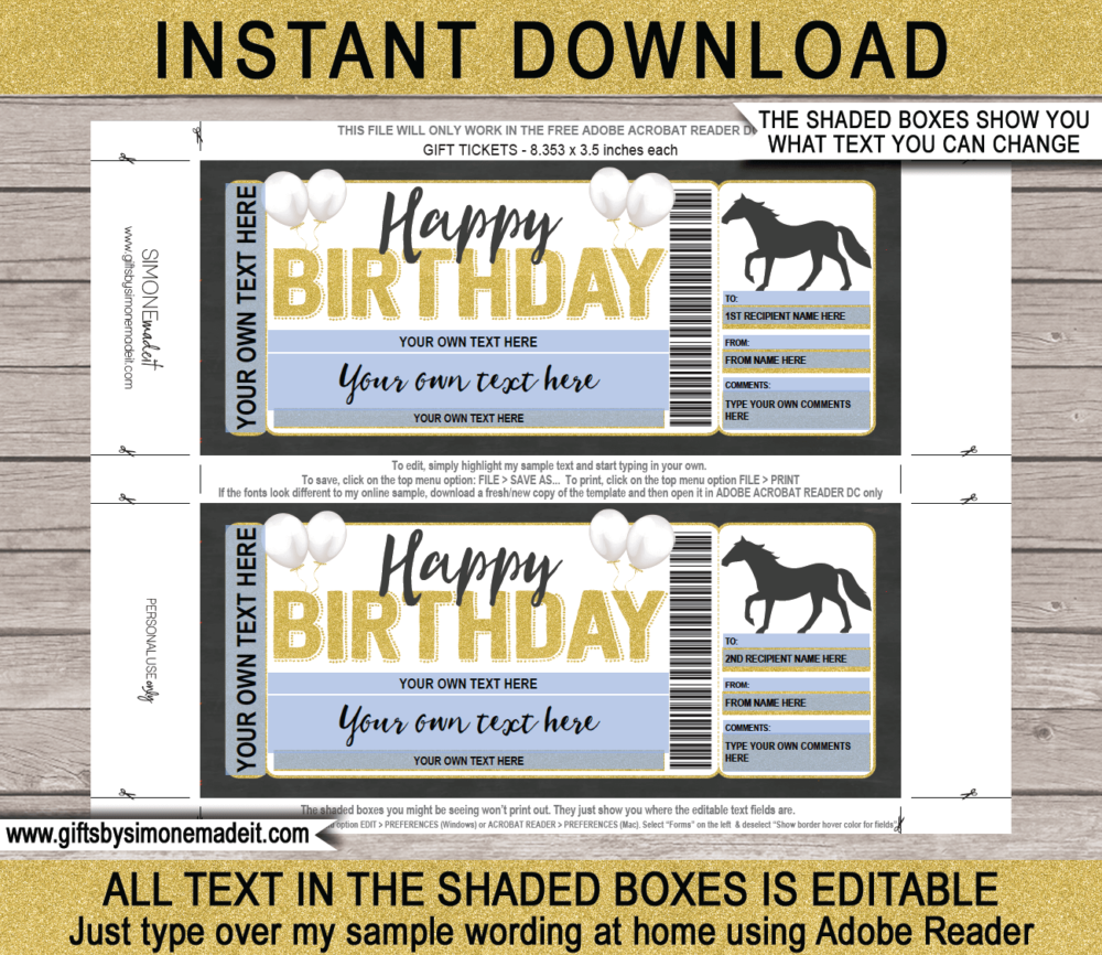 Birthday Horse Riding Voucher Template | Printable Lessons, Trail Rides, Horse Lease Gift Certificate Ticket Card ​| DIY Printable with Editable Text | INSTANT DOWNLOAD via giftsbysimonemadeit.com