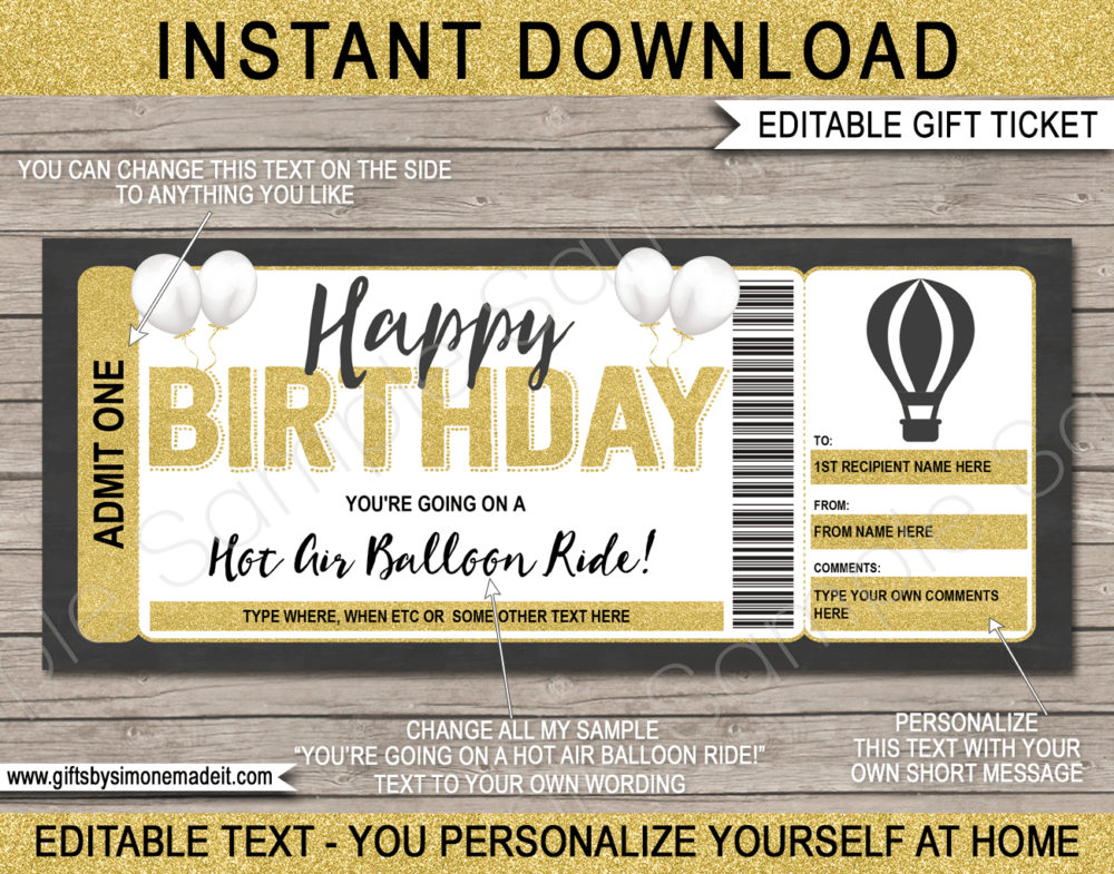 Birthday Hot Air Balloon Ticket Template | Printable Gift Voucher Certificate Card | DIY with Editable Text | INSTANT DOWNLOAD via www.giftsbysimonemadeit.com